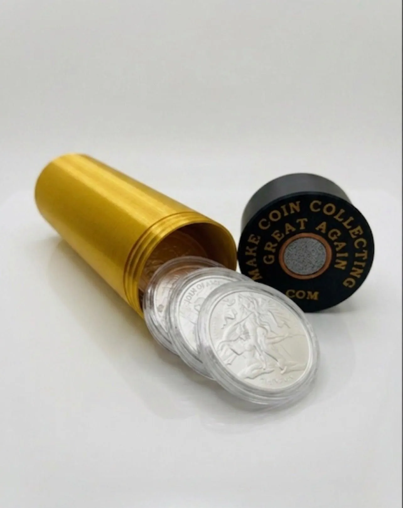 LARGE SHOTGUN SHELL COIN HOLDER FOR 1 oz COINS/ROUNDS IN AIR-TIGHT CAPSULES! GOLD AND BLACK COLOR SCHEME.