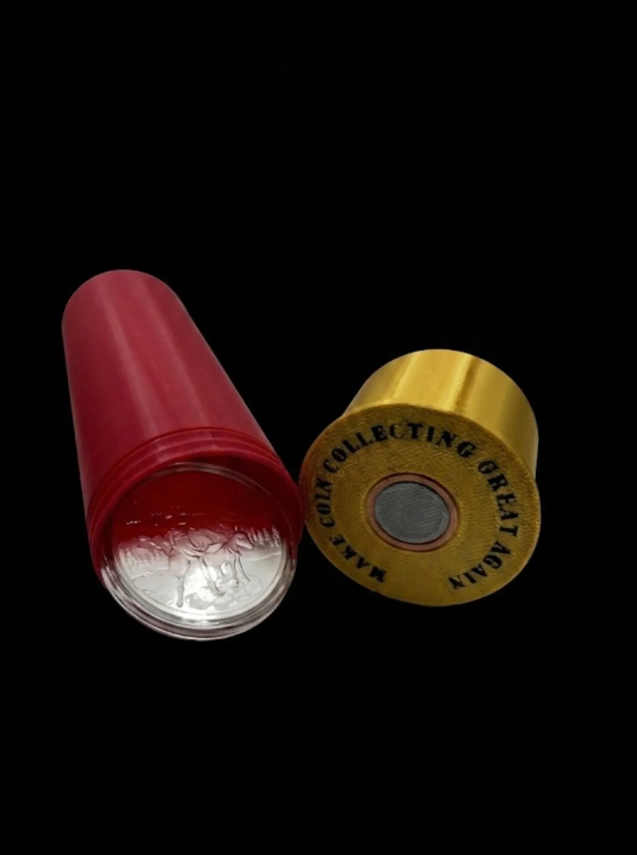 LARGE SHOTGUN SHELL COIN HOLDER FOR 1 oz COINS/ROUNDS IN AIR-TIGHT CAPSULES! RED AND GOLD COLOR SCHEME.