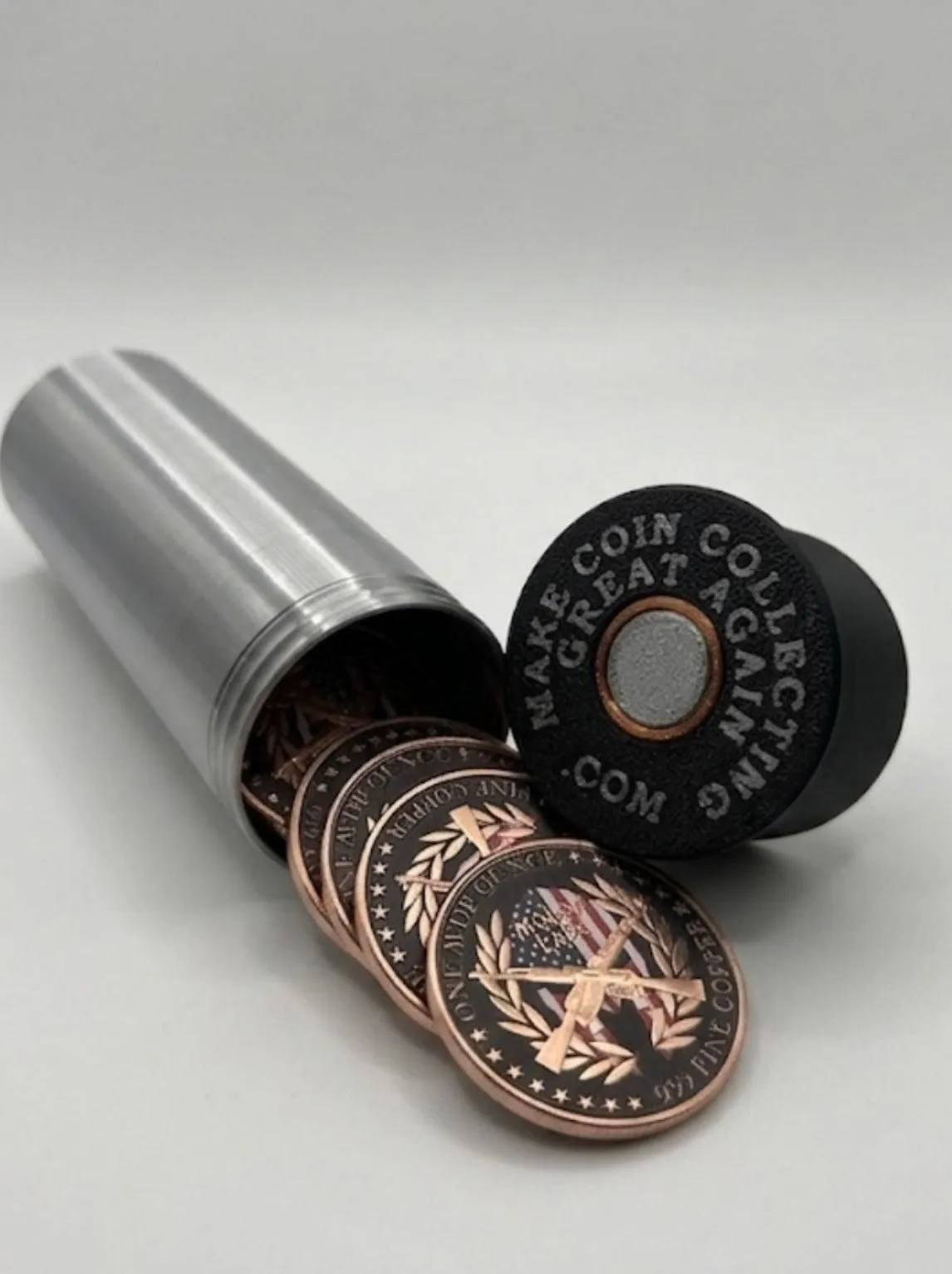 MEDIUM SHOTGUN SHELL COIN HOLDER FOR 1 oz RAW COINS/ROUNDS! SILVER AND BLACK COLOR SCHEME.