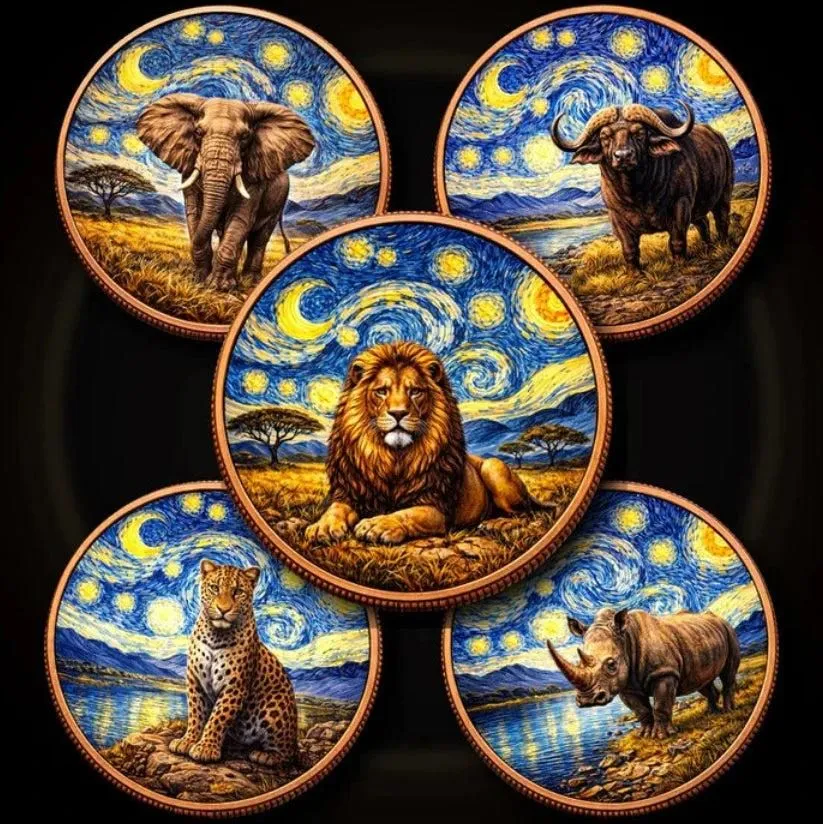 In Stock! You get ALL 5! 2026 African Big 5 Starry Night Fusion 1oz .999 Copper in Blister
