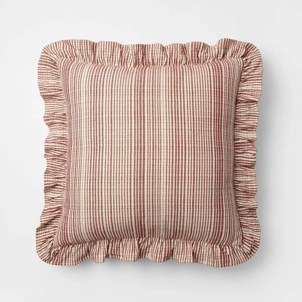 New without box - 24"x24" Uneven Plaid with Ruffle Pillow Burgundy/Cream - Threshold designed