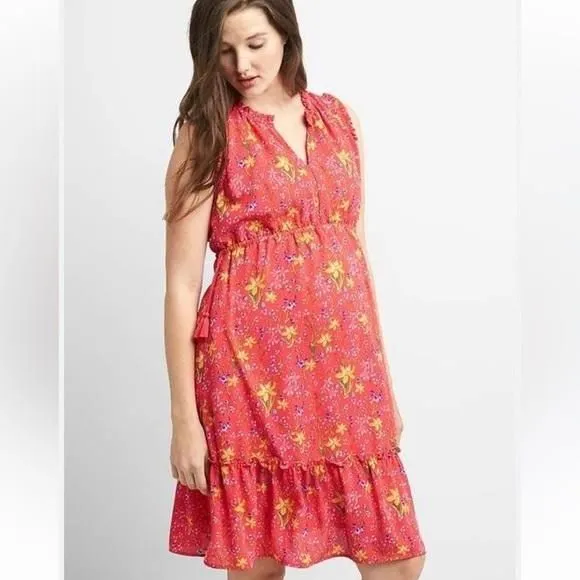 Product image for NWOT GAP Maternity Dress Pink Floral Ruffle Sleeve Midi SZ medium