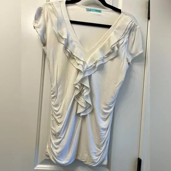 Product image for Maurices short sleeve v neck white ruffle top rouched sides white Womens medium