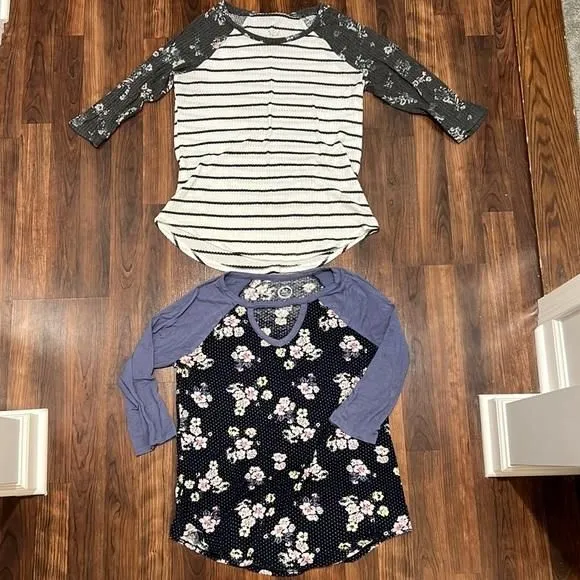 Product image for Maurice’s bundle of 2- 3/4 Sleeve Striped & Floral Baseball Shirts Size Small