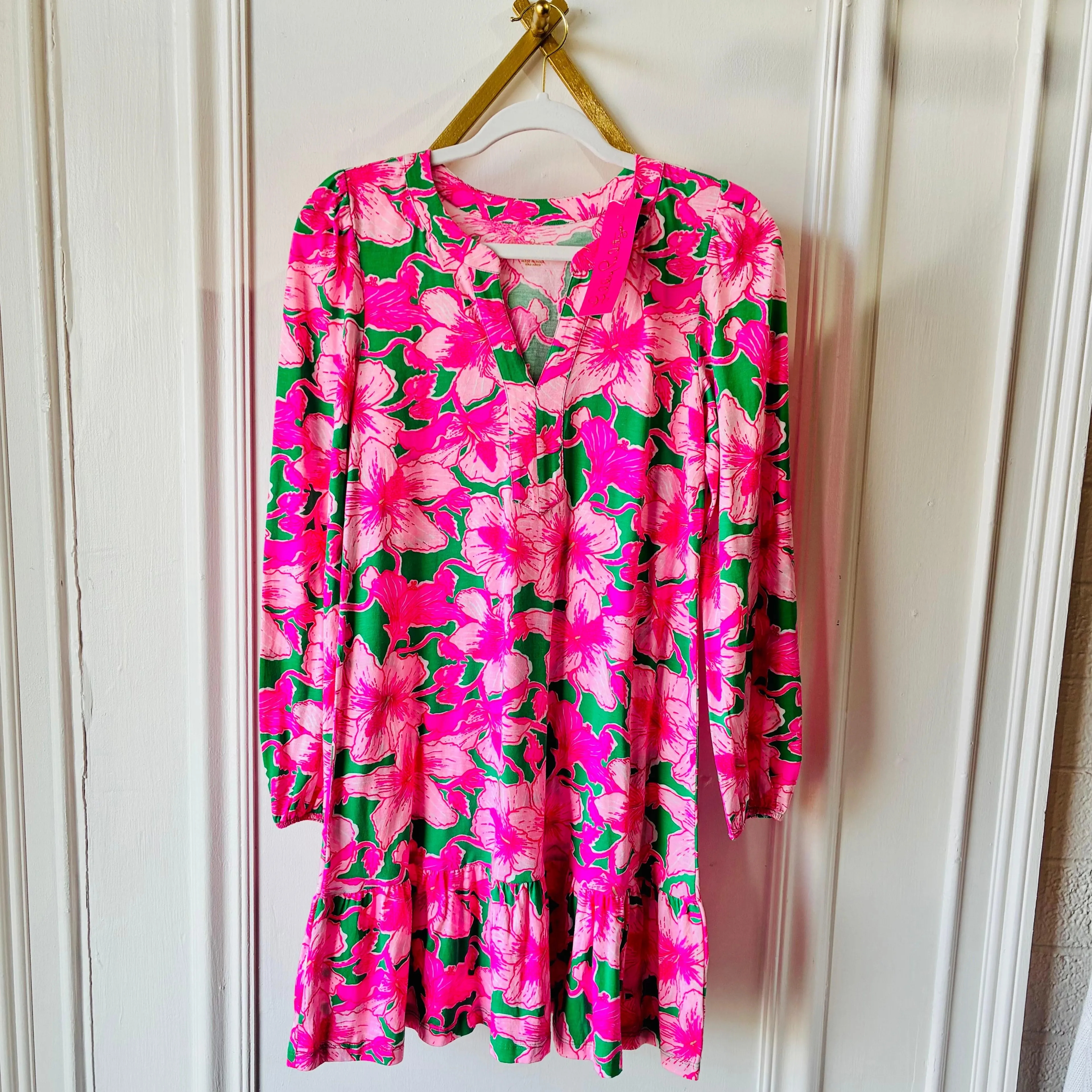 Lilly Pulitzer NWT XS Pink Floral Long Sleeve Shift Dress Ruffle Hem Resort