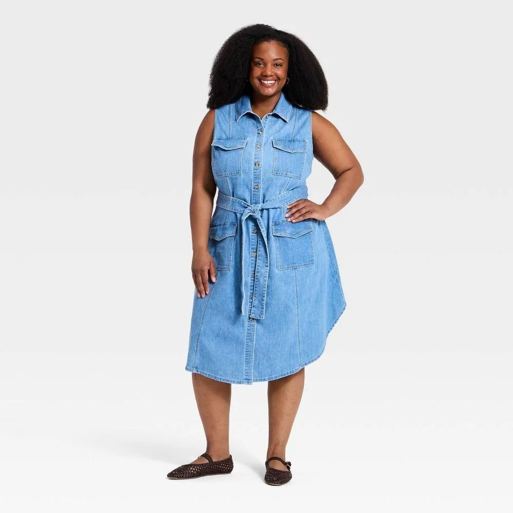 New without Tags - Size: 22 - Women's Plus Sleeveless Denim Utility Midi Shirtdress - Ava & Viv Medium