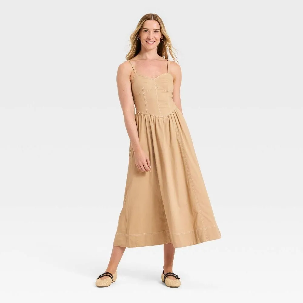 New without Tags - Women's Corset Midi A-Line Dress - Universal Thread Tan L