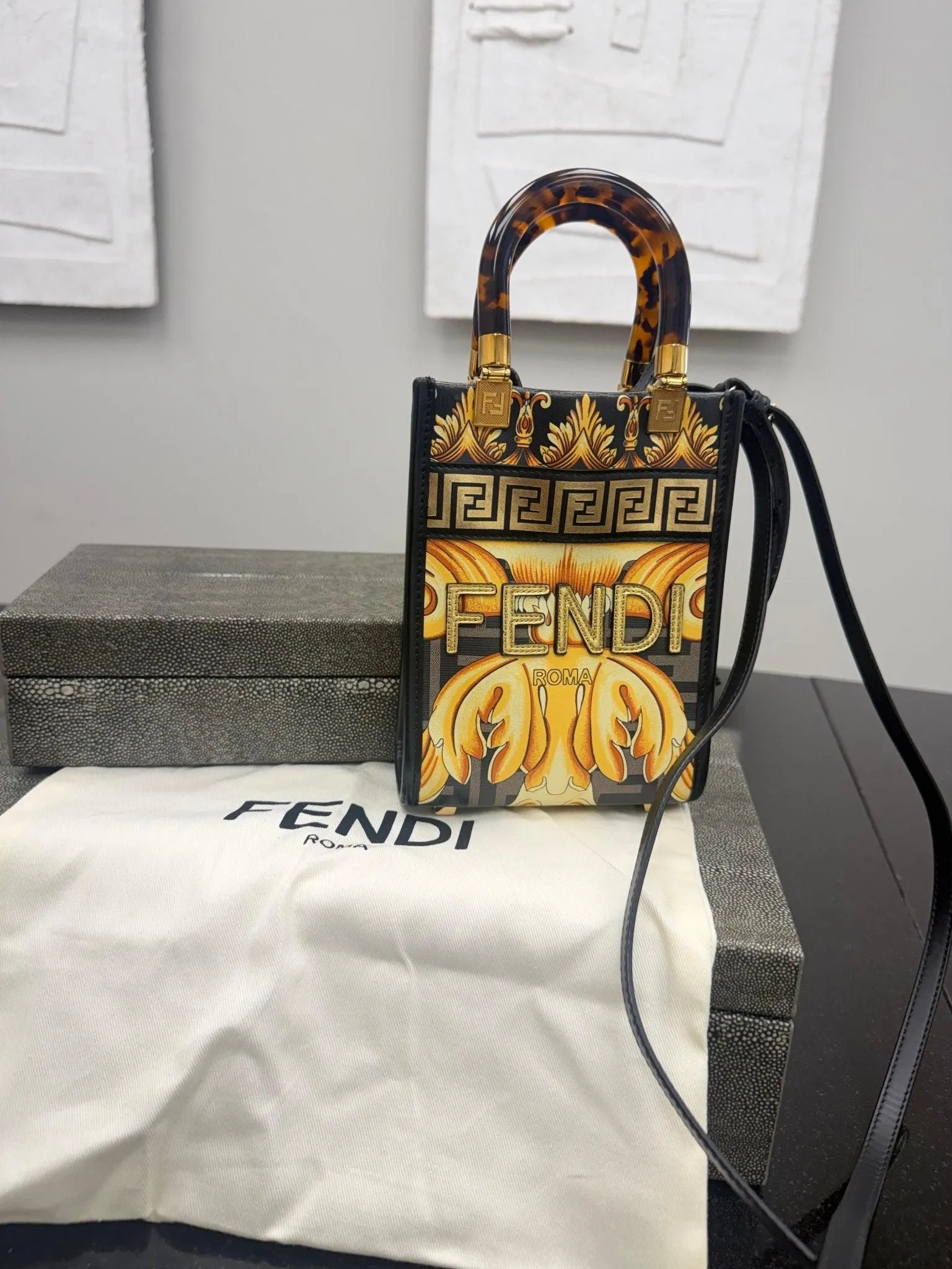 Fendi Yellow And Black Leather Fendace Mini Sunshine Shopper Crossbody Bag