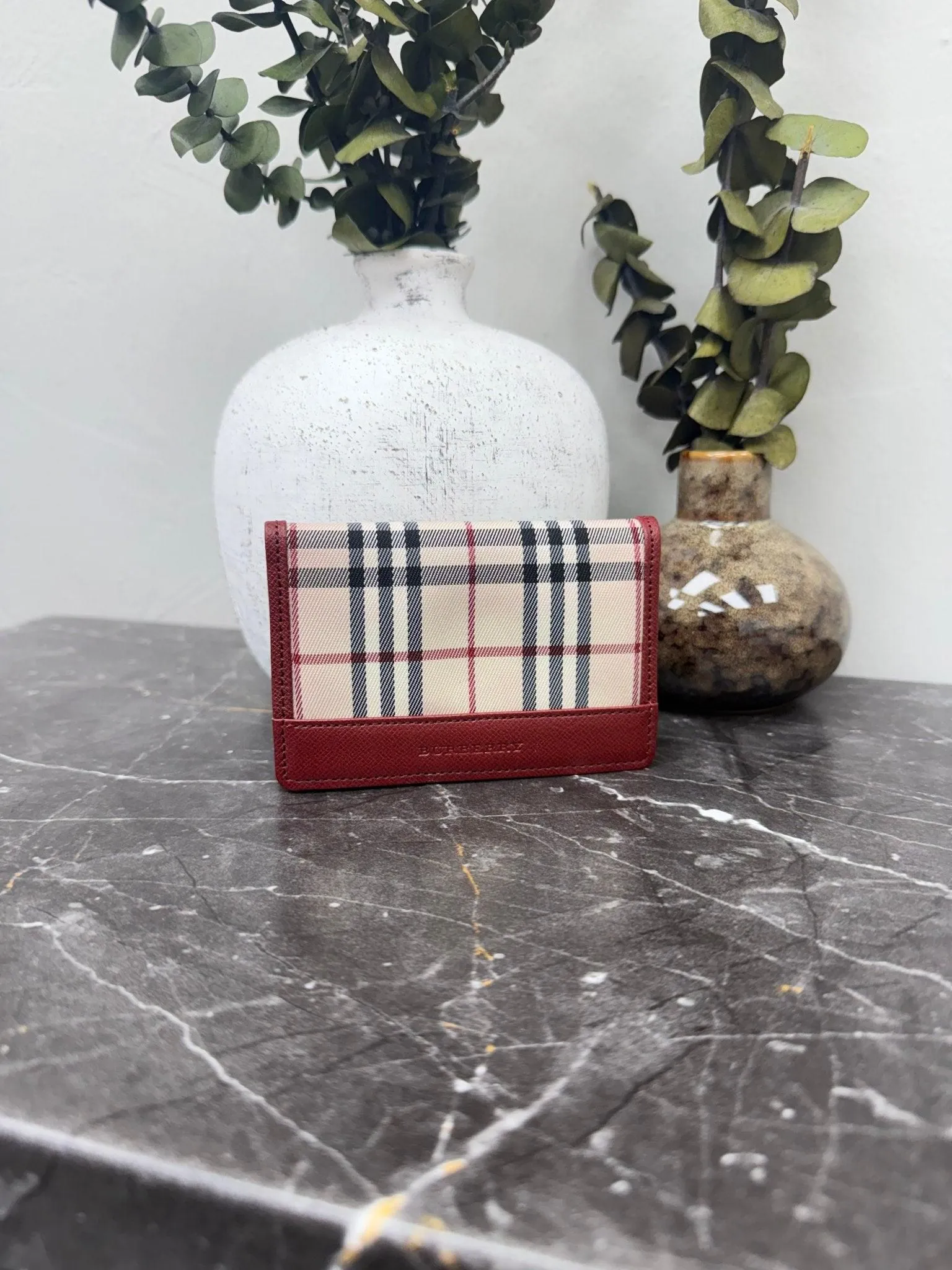 Burberry Burgundy Nova Check Canvas Leather Card Case