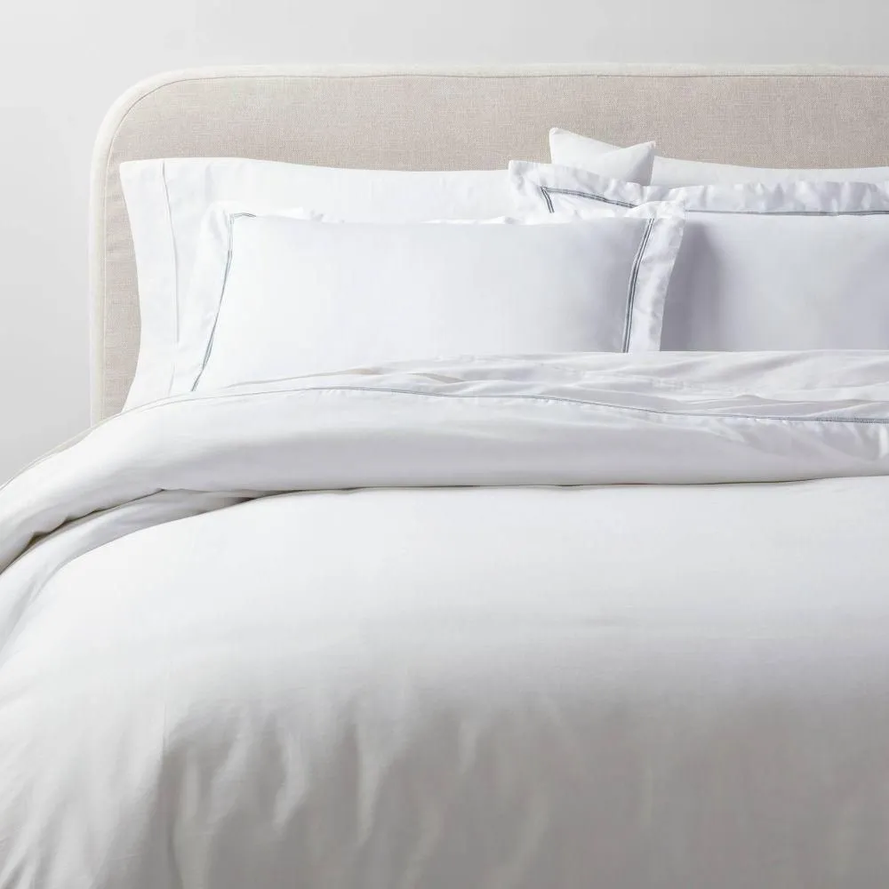 New without box - 3pc King Luxe Embroidered Border Duvet Cover and Sham Set White/Light Teal