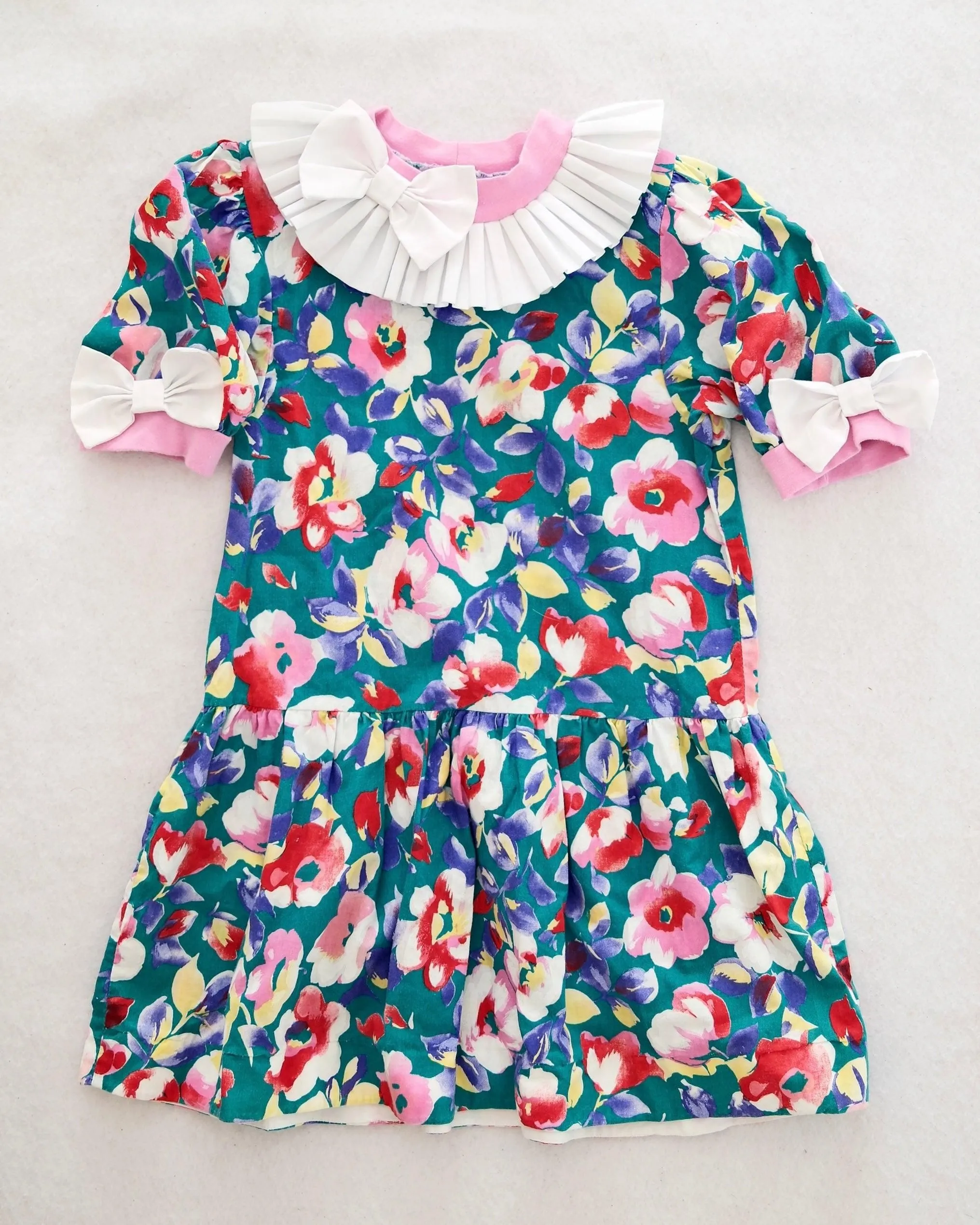 Vintage Drop-Waist Teal Floral Bow Dress: 6y?