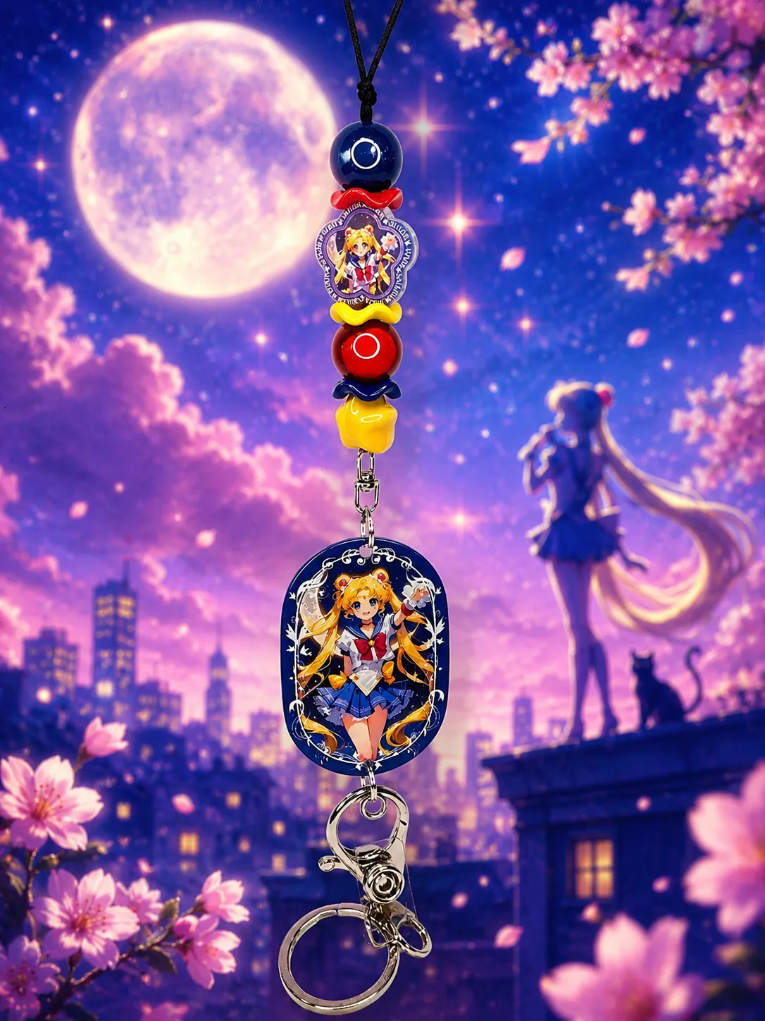 Sailor Moon Inspired Beaded Lanyard, Anime Badge Holder, Kawaii ID Badge Lanyard, Magical Girl Keychain, Handmade Office Accessory, Anime Fan Gift