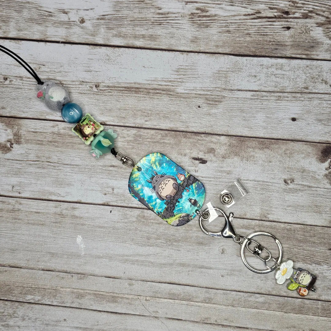 Totoro Inspired Beaded Lanyard, Anime Badge Holder, Kawaii ID Badge Lanyard, Forest Spirit Keychain, Handmade Office Accessory, Studio Ghibli Inspired Gift