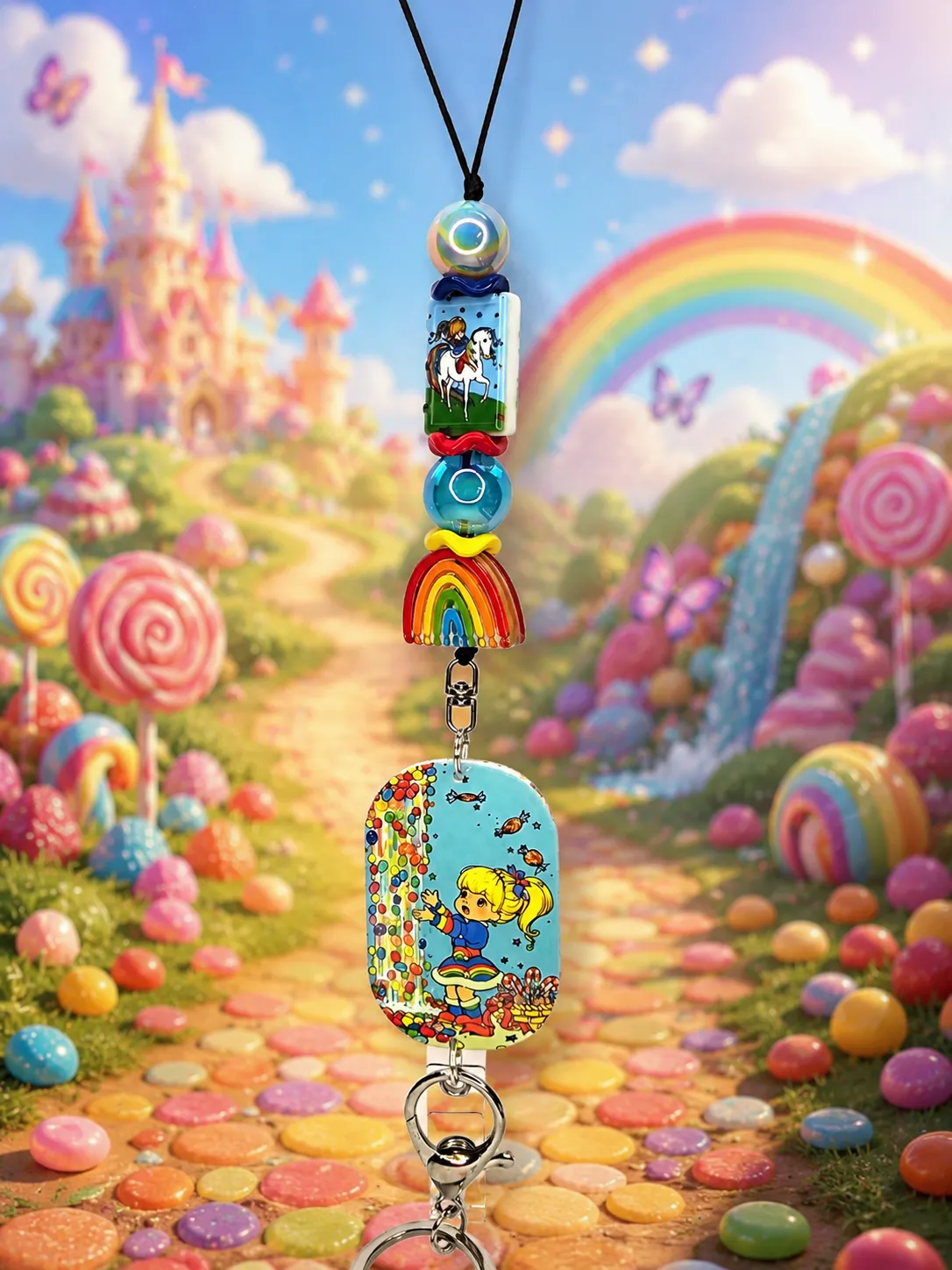 Rainbow Brite Inspired Beaded Lanyard, Retro Cartoon Badge Holder, Kawaii ID Badge Lanyard, Rainbow Keychain, Handmade Office Accessory, 80s Fan Gift
