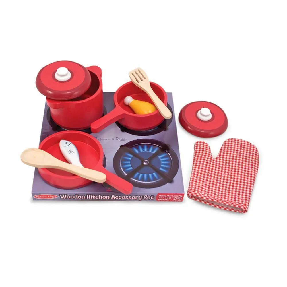 Brand New - Melissa & Doug Deluxe Wooden Kitchen Accessory Set - Pots & Pans