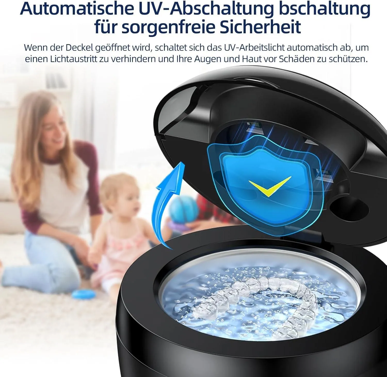 Ultraschallreinigungsgerät 45 kHz mit UV-Reinigung – Für Zahnschienen, Retainer, Prothesen, Schmuck & Zahnbürstenköpfe | 4 Reinigungsmodi | Schwarz