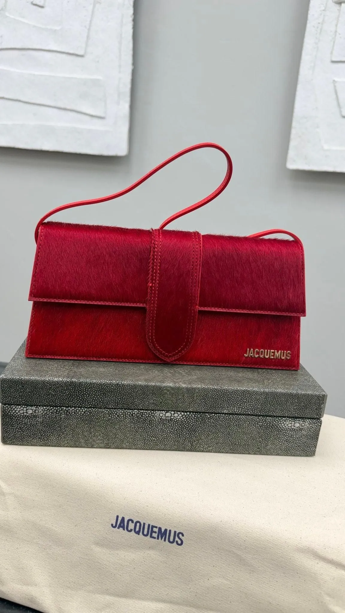 BRAND NEW - Jacquemus Red Pony Hair Le Bambino Long Shoulder Bag