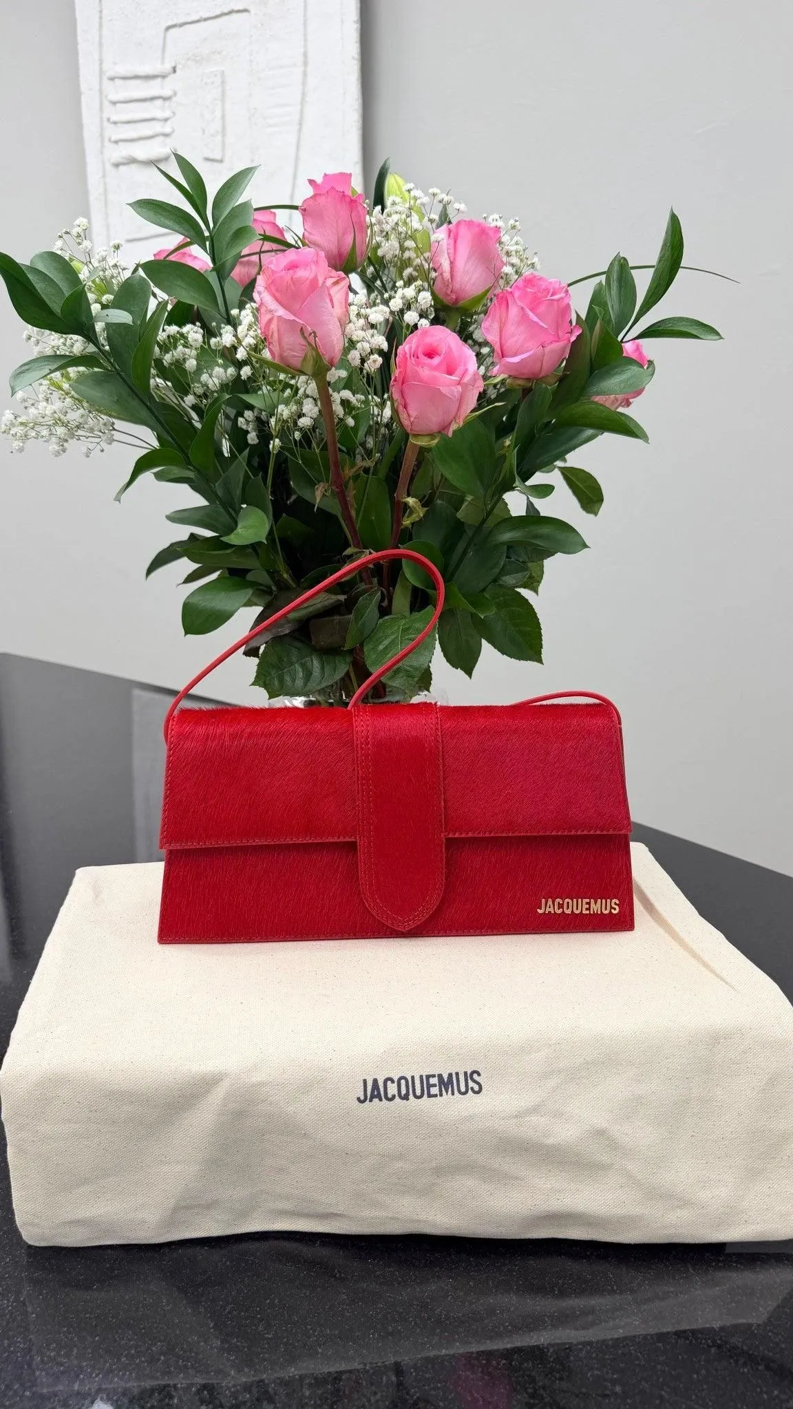 BRAND NEW - Jacquemus Red Pony Hair Le Bambino Long Shoulder Bag