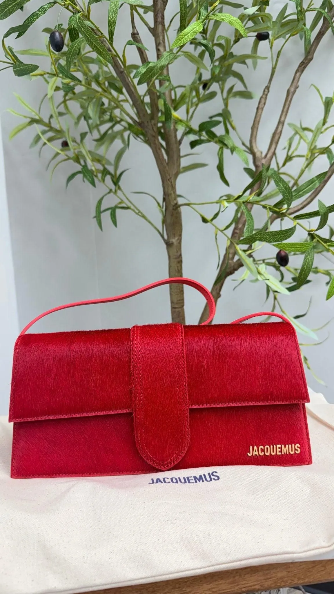 BRAND NEW - Jacquemus Red Pony Hair Le Bambino Long Shoulder Bag