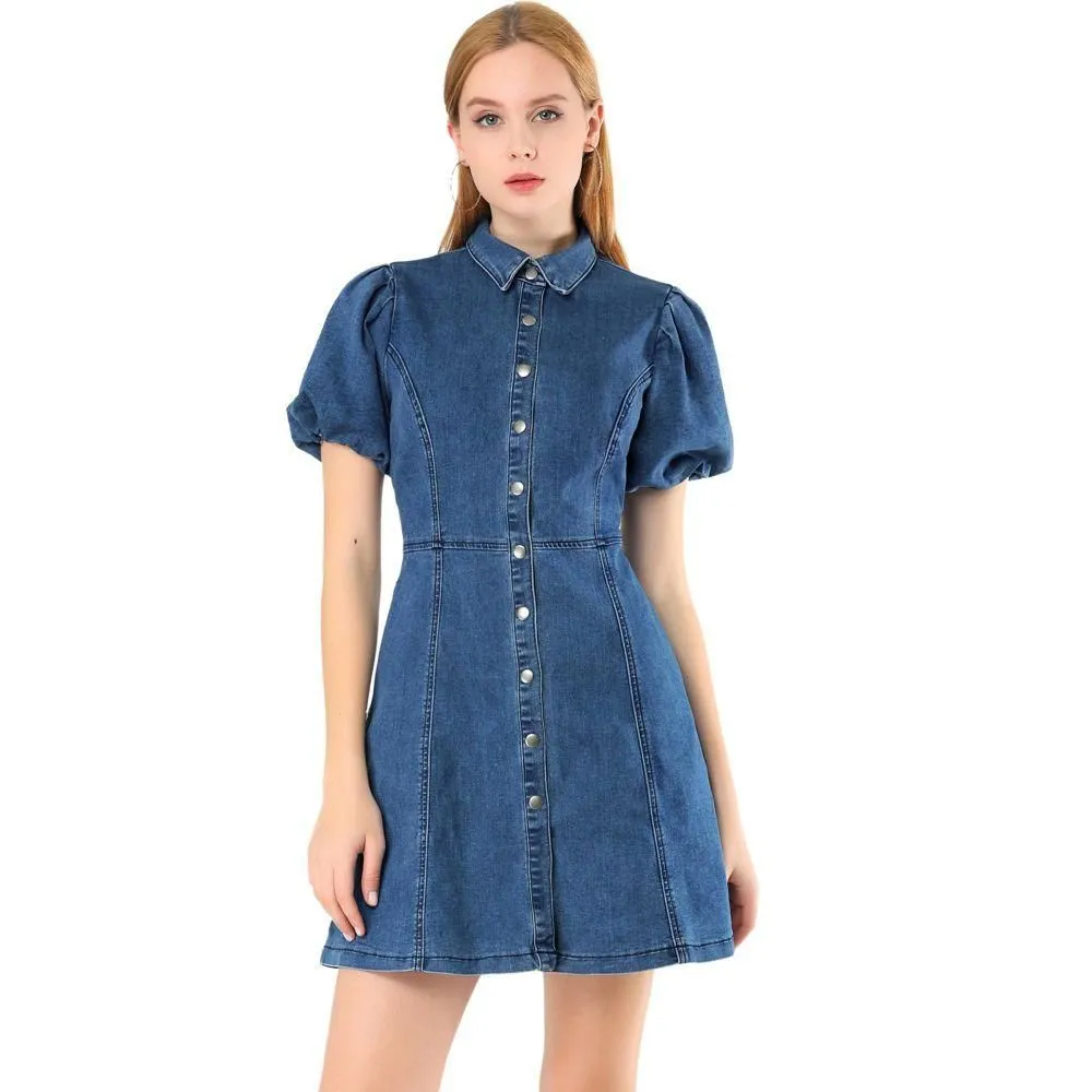 New without Tags - Allegra K Women's Puff Short Sleeve Collared Button Front Mini Denim Dress