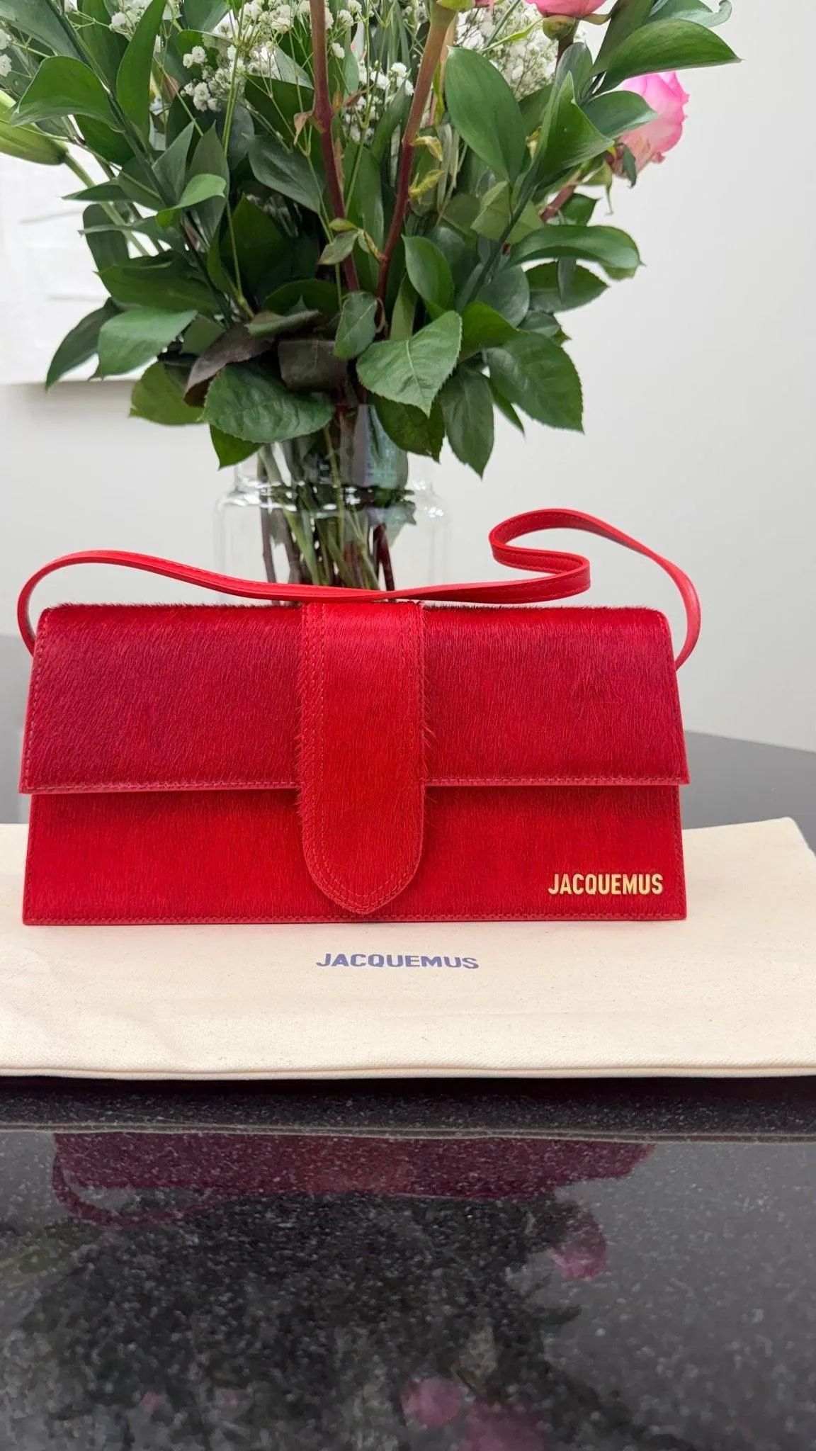 BRAND NEW - Jacquemus Red Pony Hair Le Bambino Long Shoulder Bag