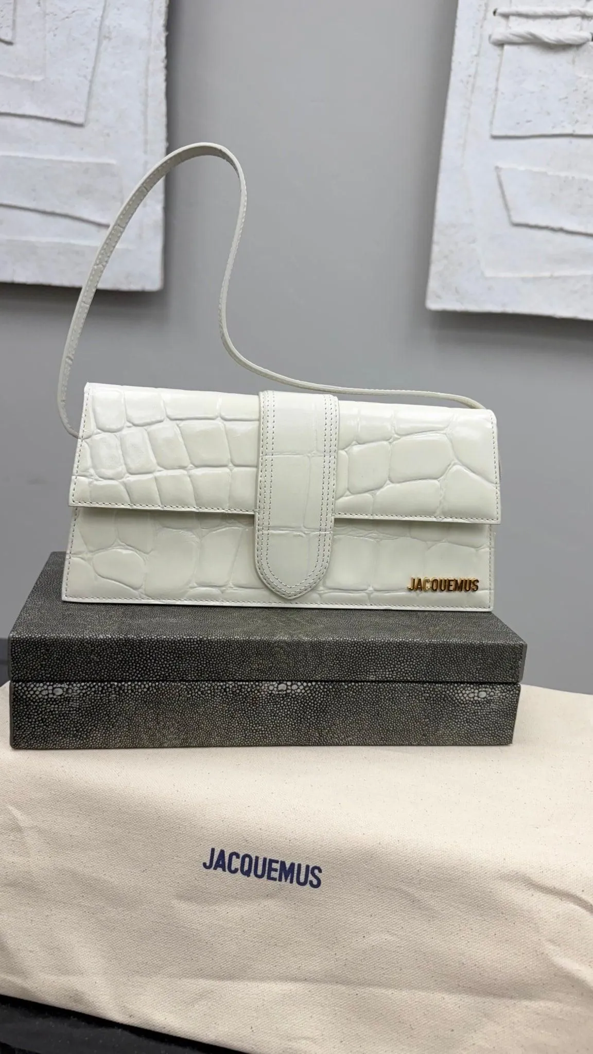 BRAND NEW - Jacquemus White Croc Embossed Leather Le Bambino Long Shoulder Bag