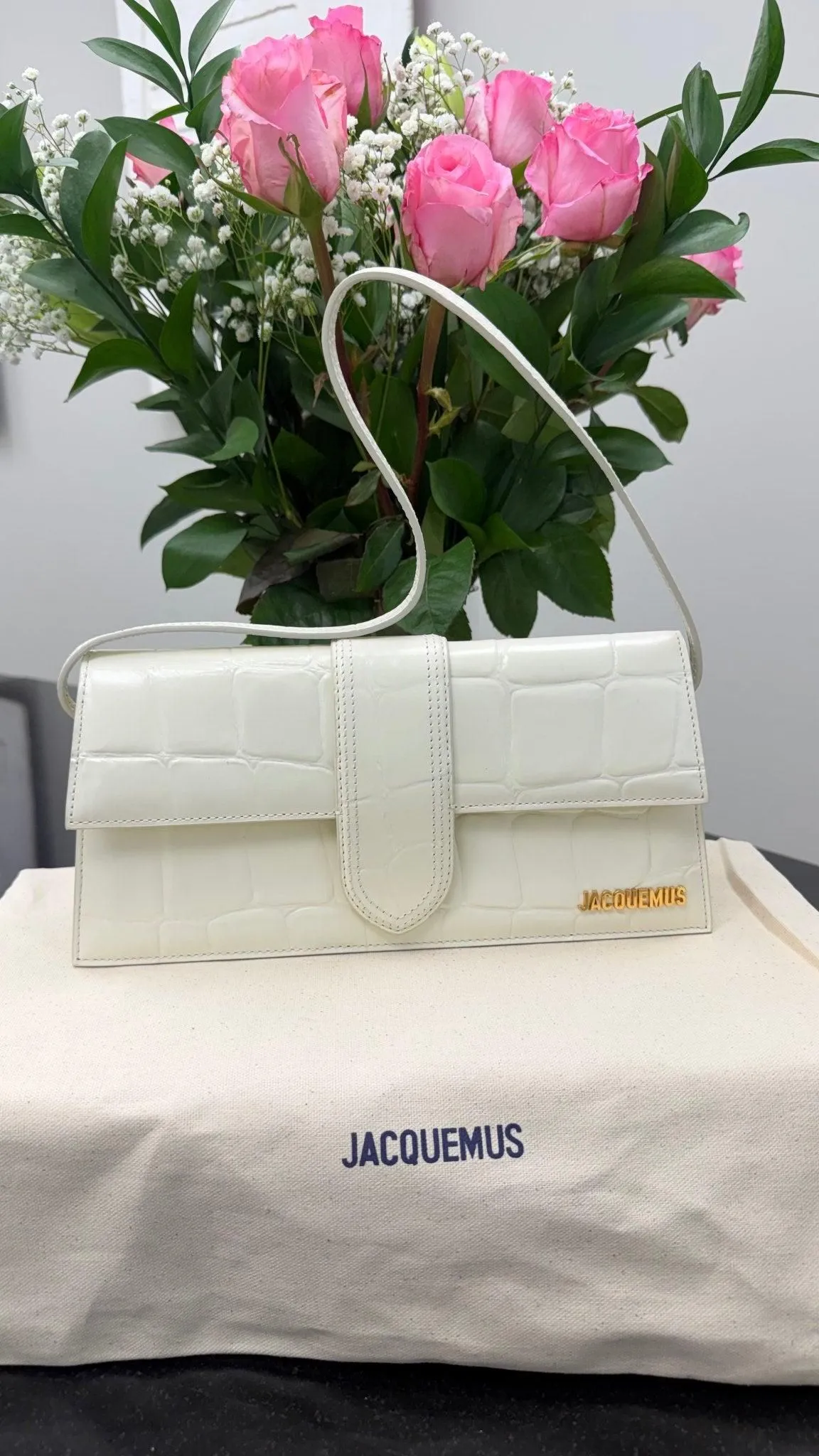 BRAND NEW - Jacquemus White Croc Embossed Leather Le Bambino Long Shoulder Bag