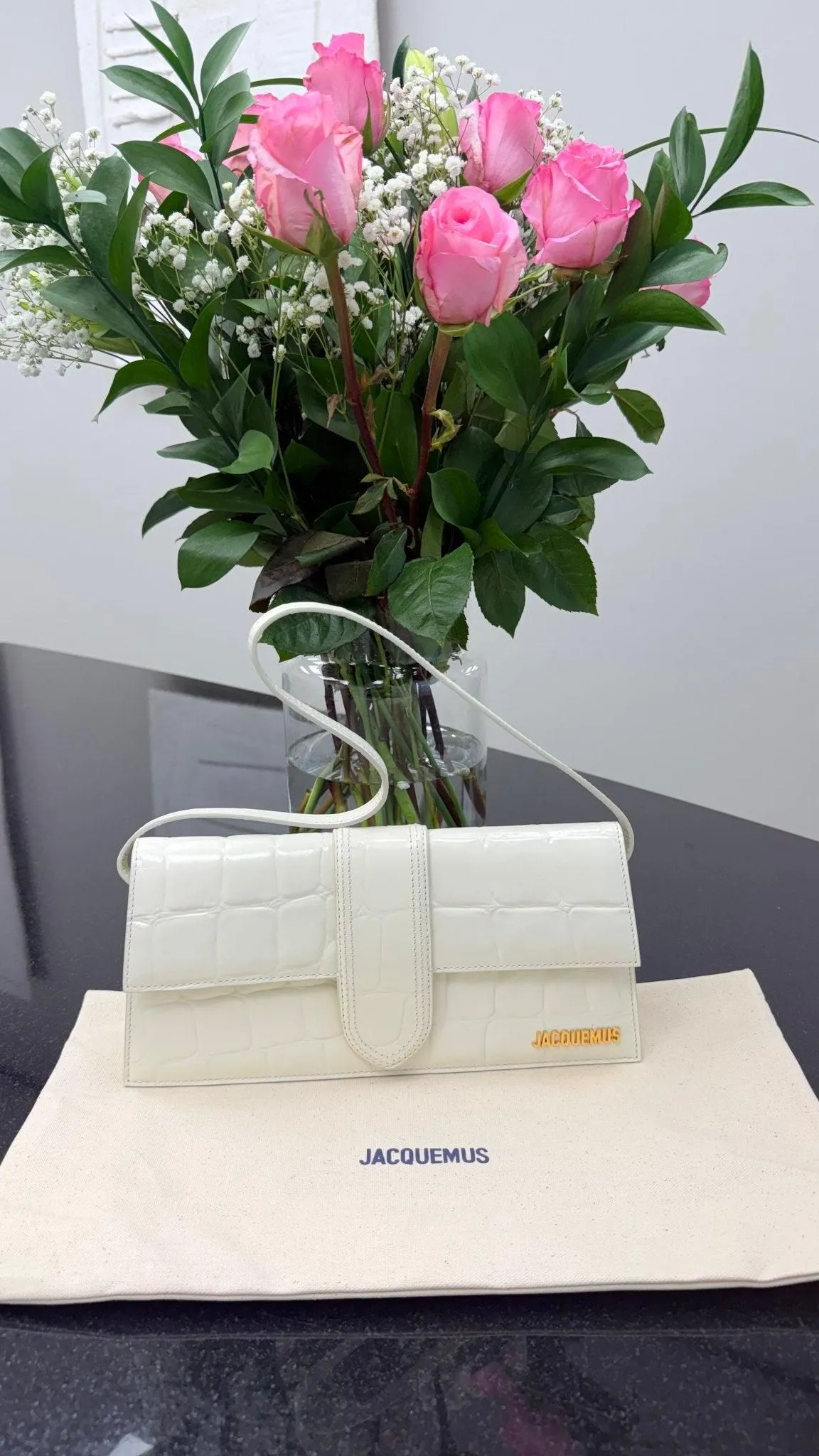 BRAND NEW - Jacquemus White Croc Embossed Leather Le Bambino Long Shoulder Bag