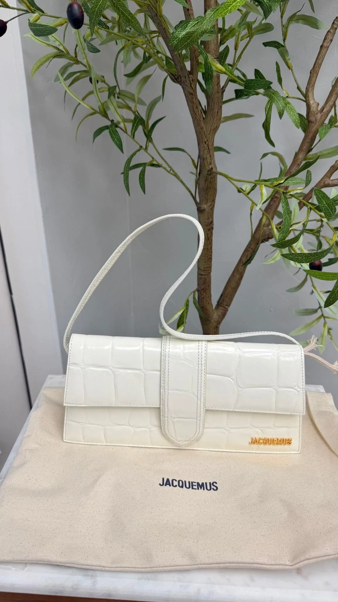 BRAND NEW - Jacquemus White Croc Embossed Leather Le Bambino Long Shoulder Bag