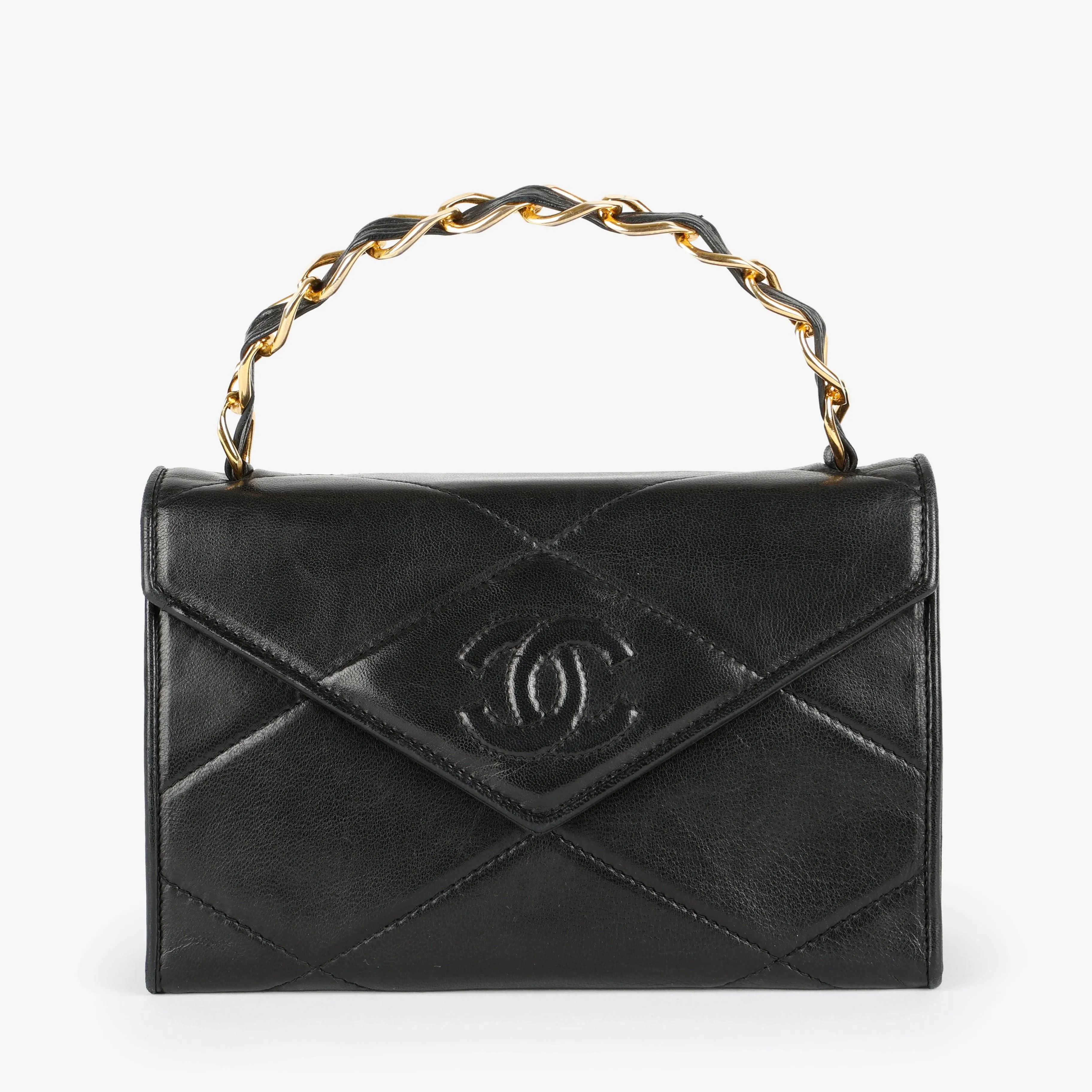 Black Lambskin Timeless Envelope Flap Gold Chain Top Handle Gold Hardware