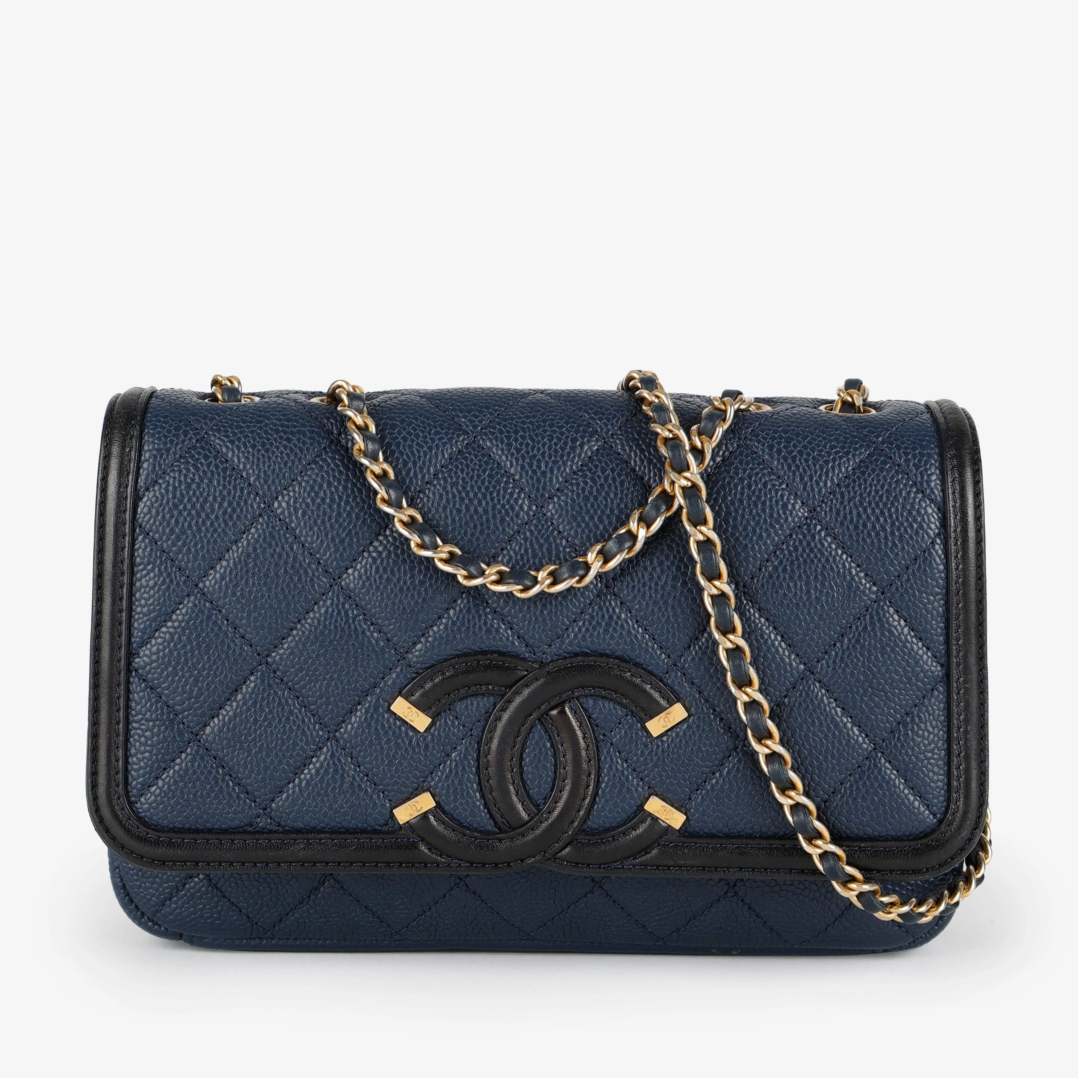 Small Caviar Filigree Flap, Navy Blue Black