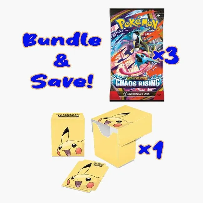 Bundle Deal - 3 Chaos Rising Loose Booster Packs + 1 Deck Box: Pokémon: Pikachu Full View