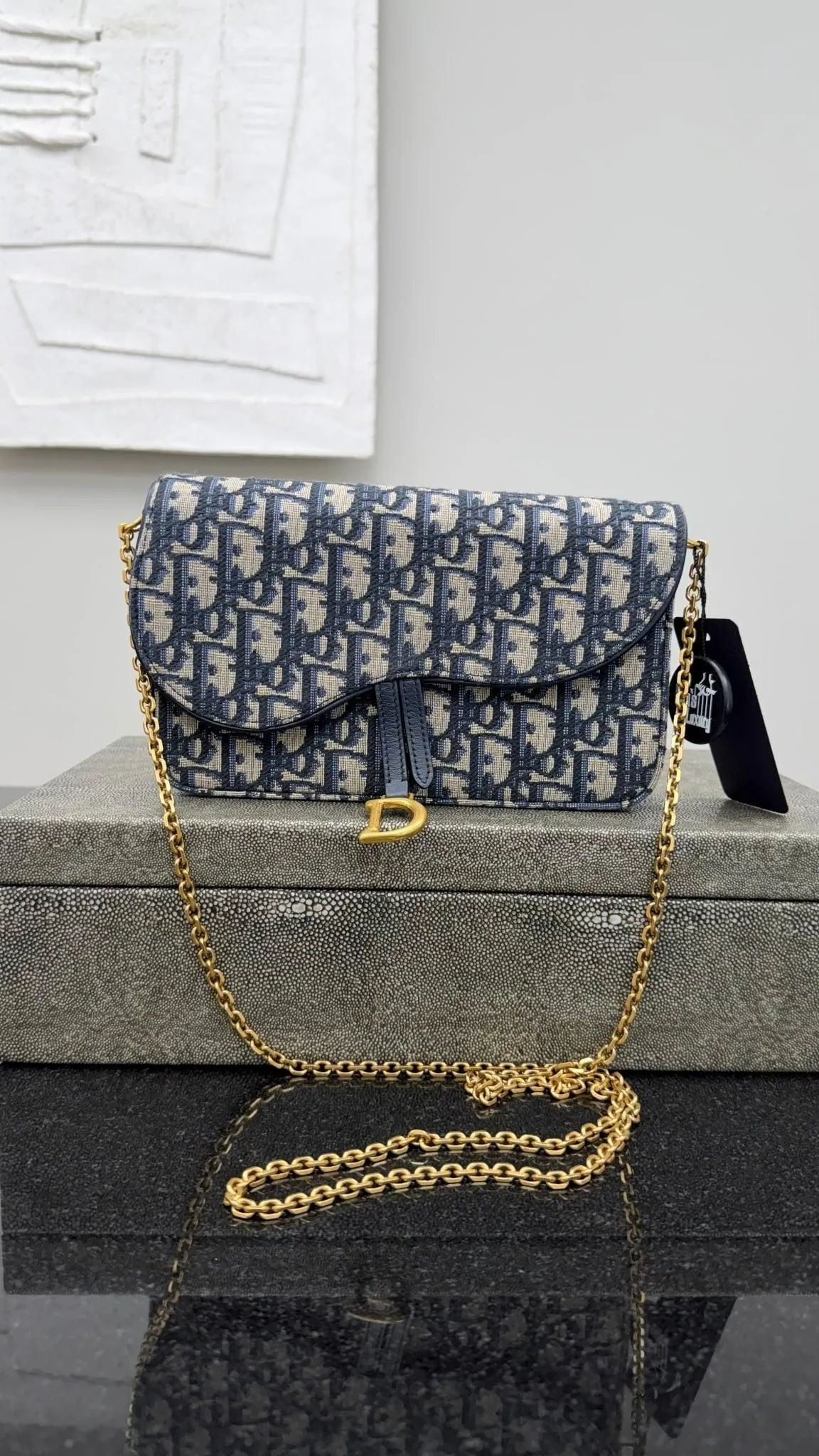 Christian Dior Blue Jacquard Saddle Pouch with a Chain