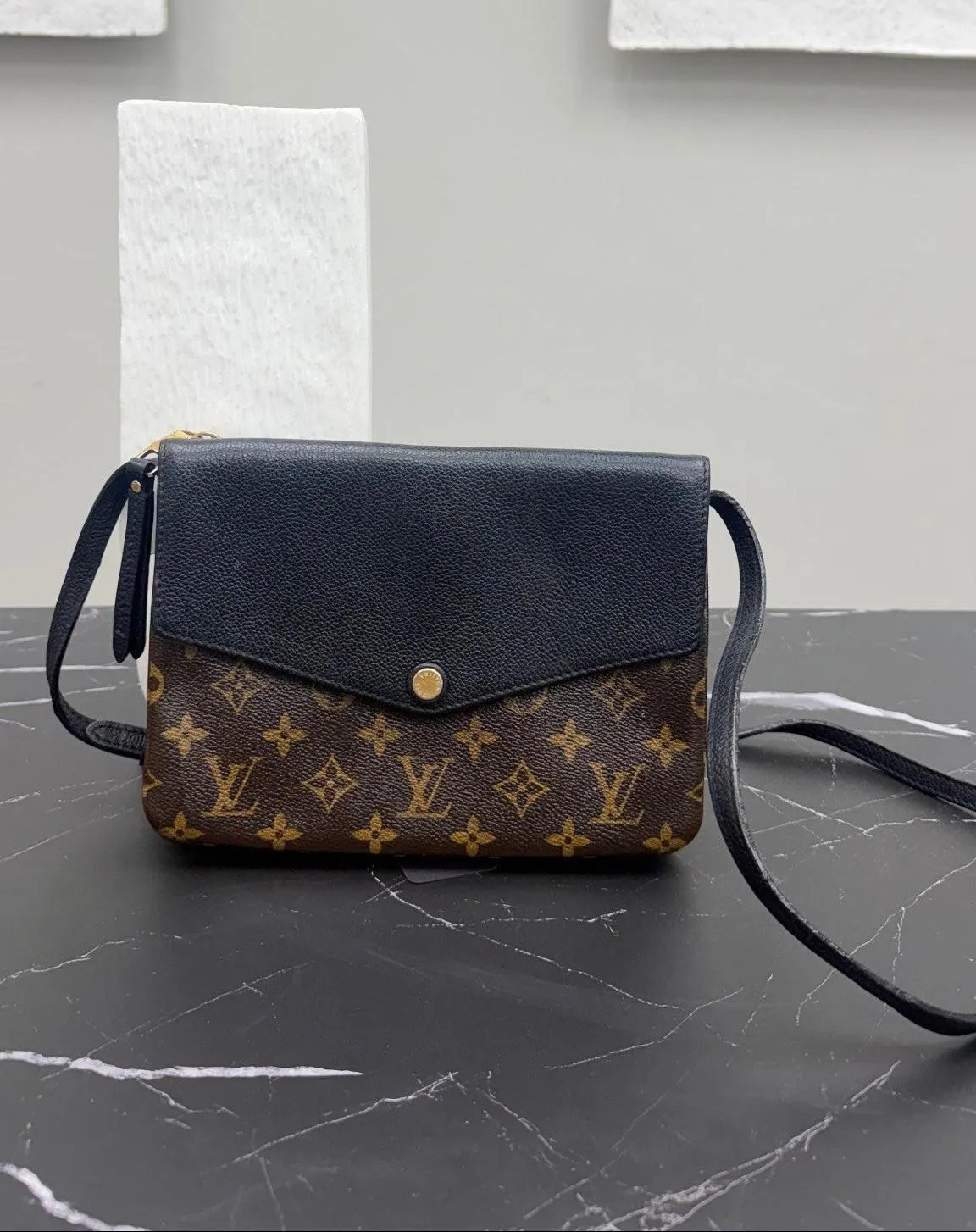 Louis Vuitton Monogram Black Leather Twice Pochette Crossbody Bag