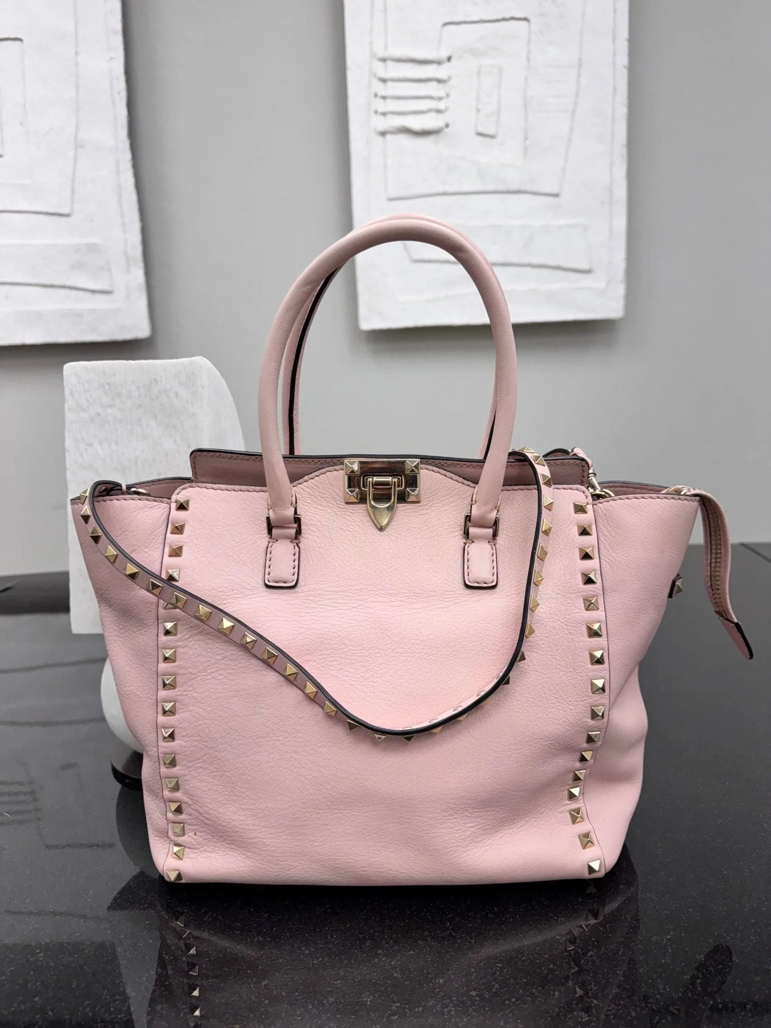 Valentino Baby Pink Grained Leather Rockstud Trapeze Medium 2Way Bag