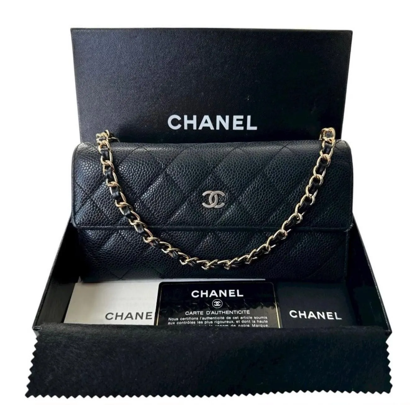 CHANEL Black Caviar Quilted Leather Classic Flap Long Wallet with Chain - Preloved
