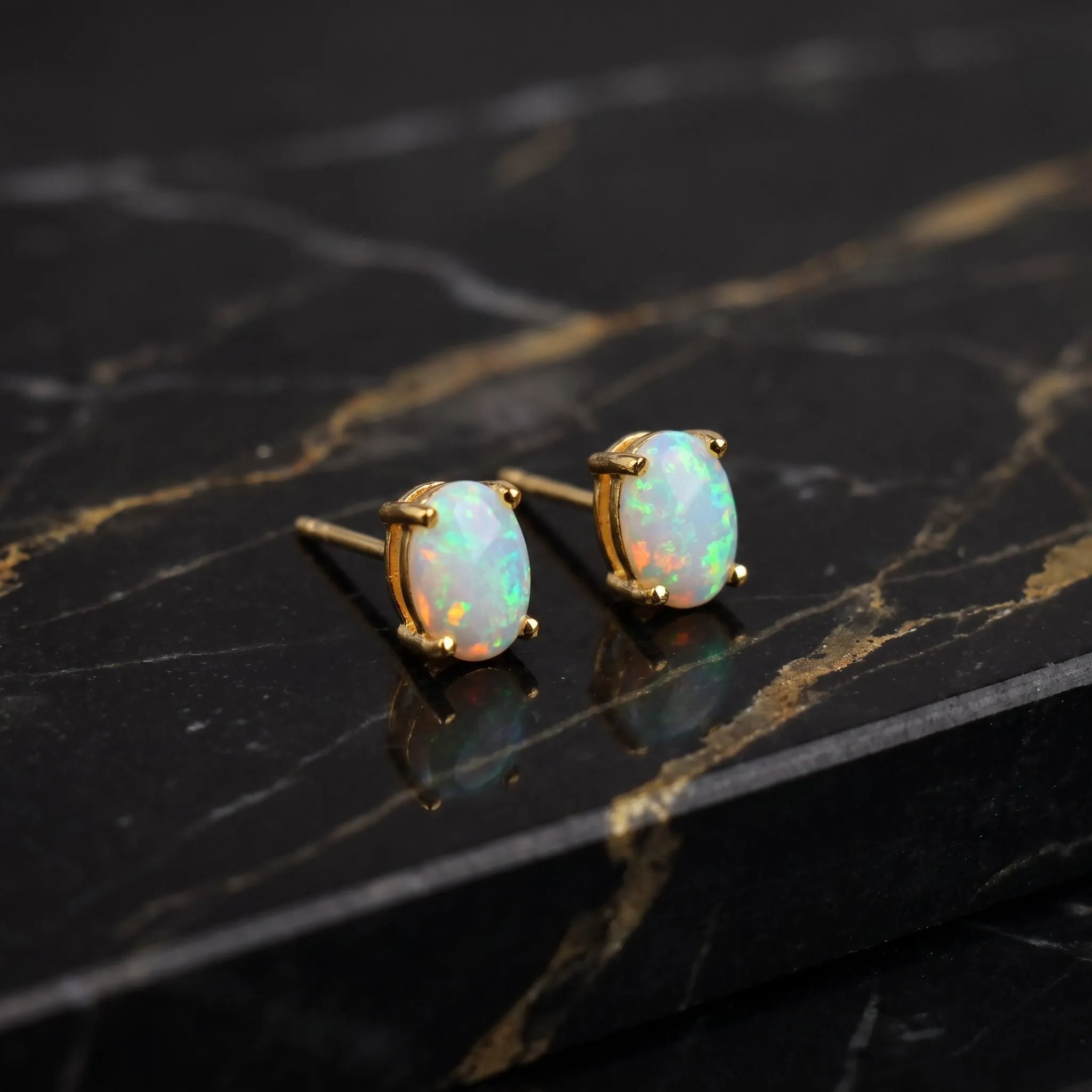 White Oval Opal Earrings 14k Gold Over 925 Sterling Silver Lab Created 4x6mm