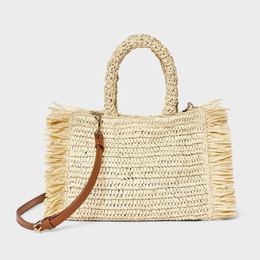 New Without Tags - Straw Fringe Small Detachable Strap Crossbody Tote Handbag - Universal