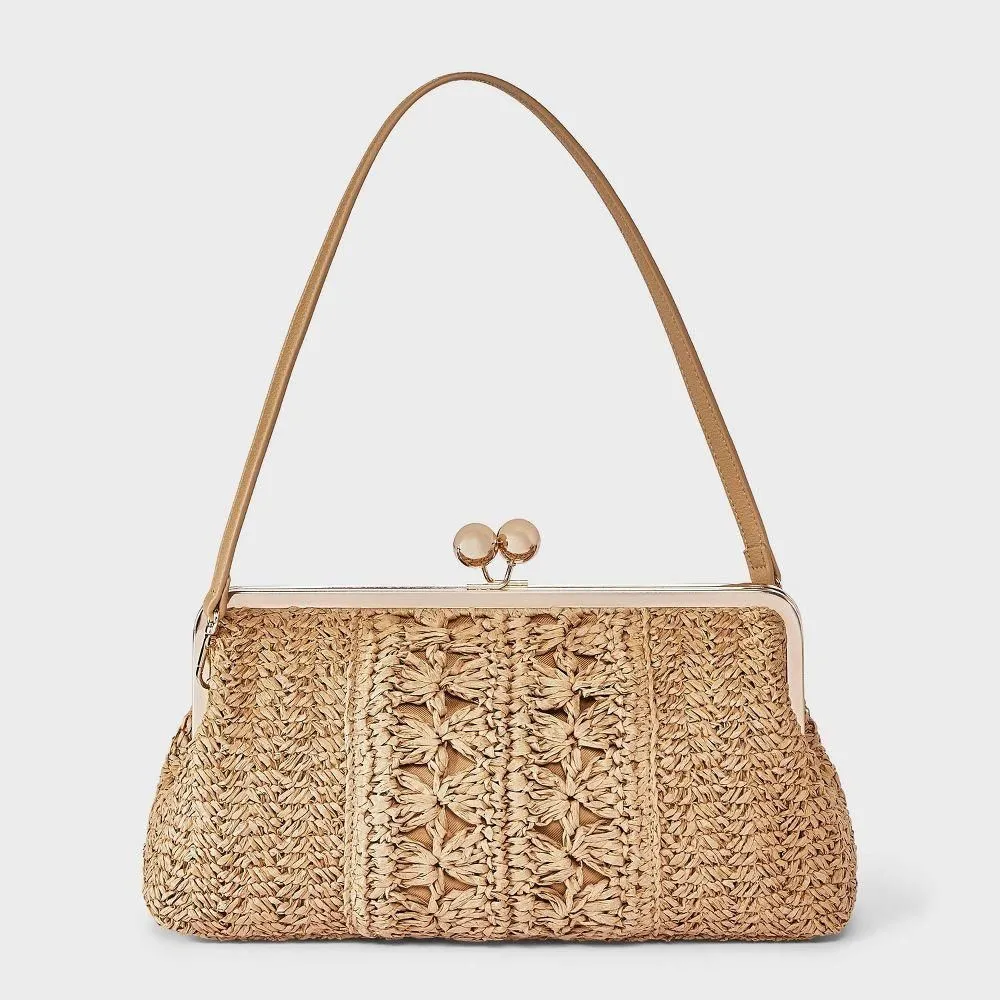 New Without Tags - Size: 13 Inches - Straw Kiss Lock Clutch Bag - A New Day Natural
