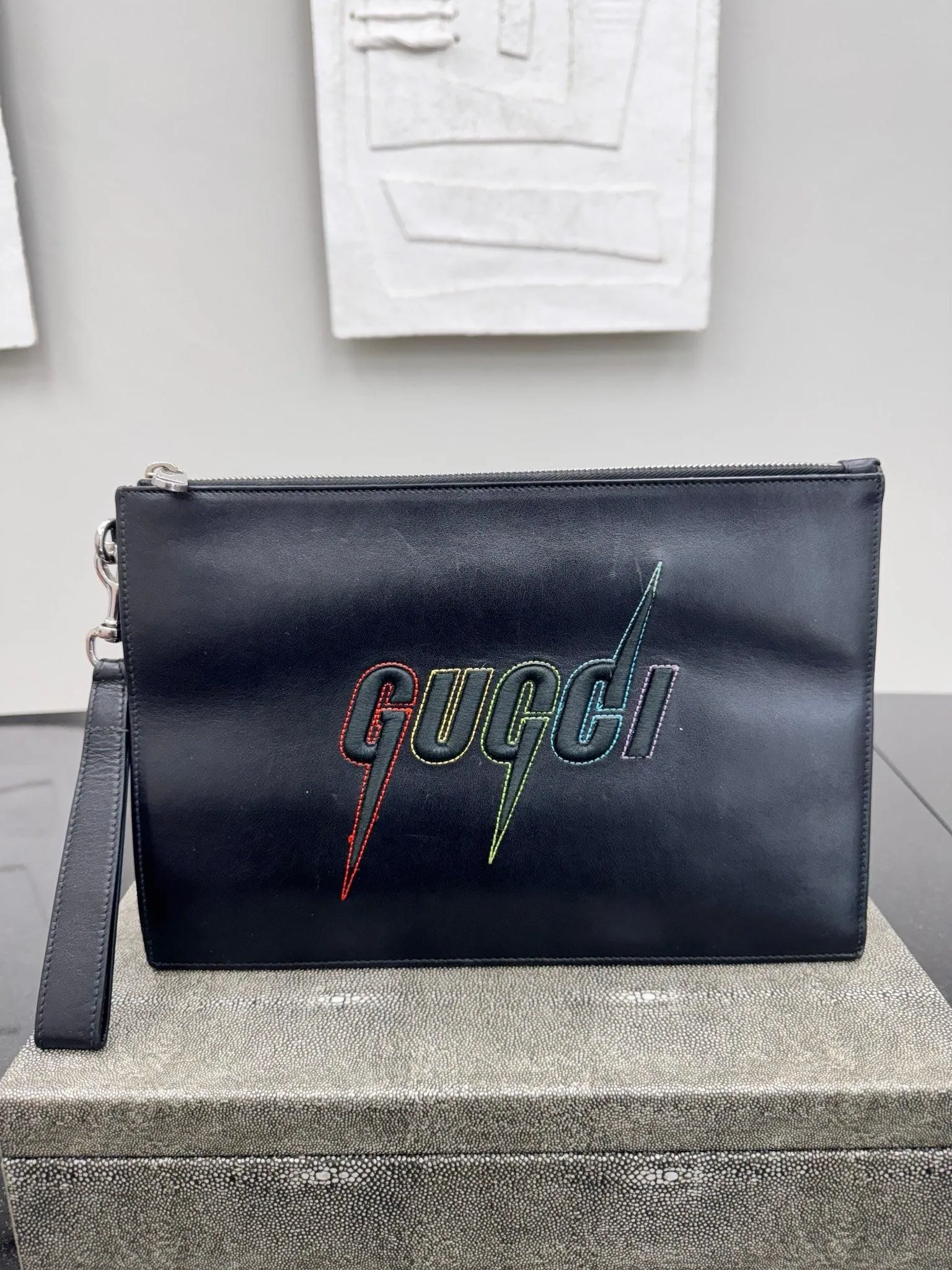 Gucci Black Leather Blade Wristlet Pouch