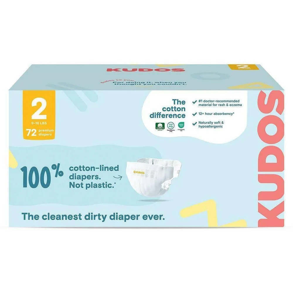 New without Tags - Kudos Chlorine Free Cotton-Lined Disposable Diapers - Size 2 - 72ct