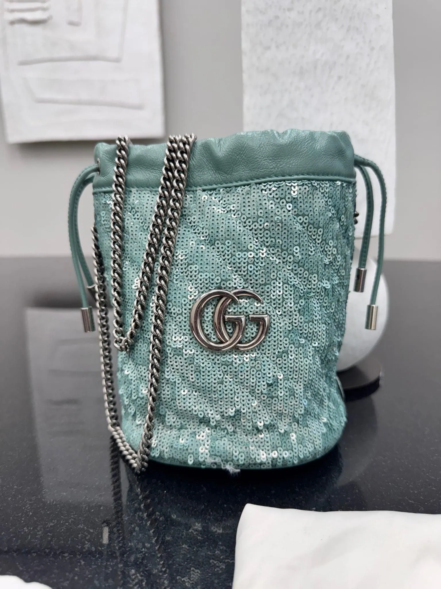Gucci Teal Sequins GG Marmont Mini Bucket Bag
