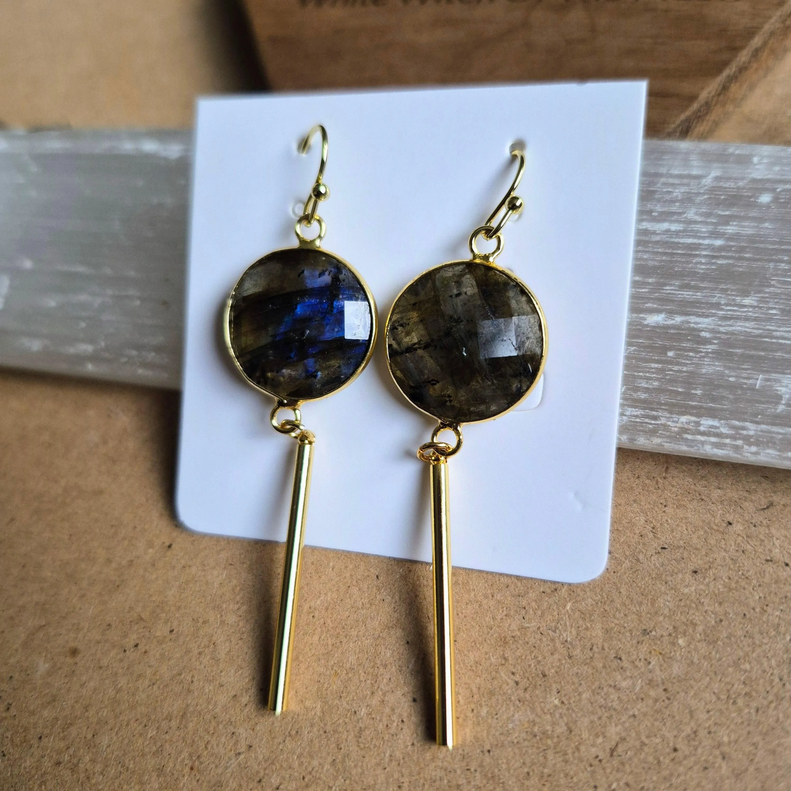 Labradorite Bar Earrings: Dainty Gold Plated Dangle Jewellery