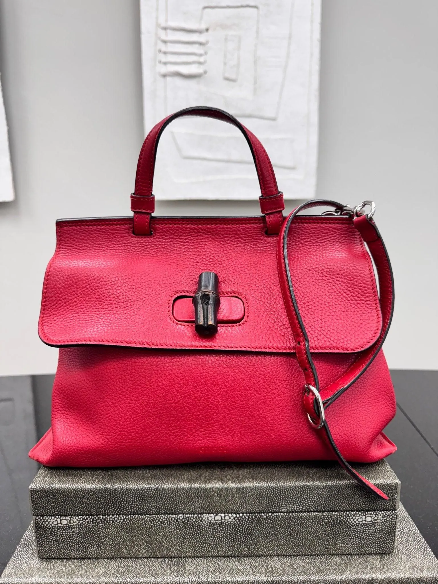 Gucci Red Grained Leather Daily Bamboo Medium 2Way Bag