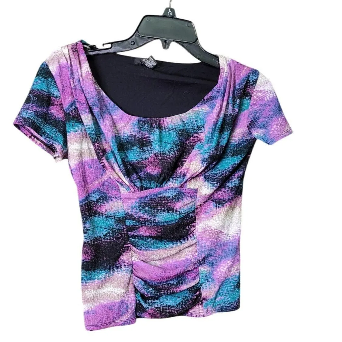 CG-15 Alfani Multicolor Abstract Print Short-Sleeve Ruched Scoop Neck Top Size Petite S