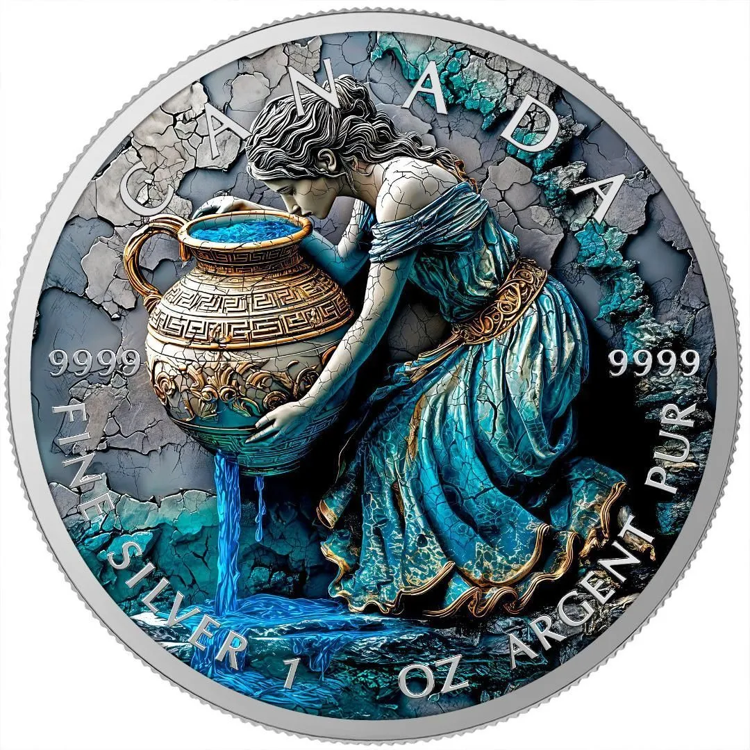 In Stock! Canada 2025 Maple Leaf Aquarius Stone Zodiac - 1 oz Colorized Silver Art Coin (100 Mintage)