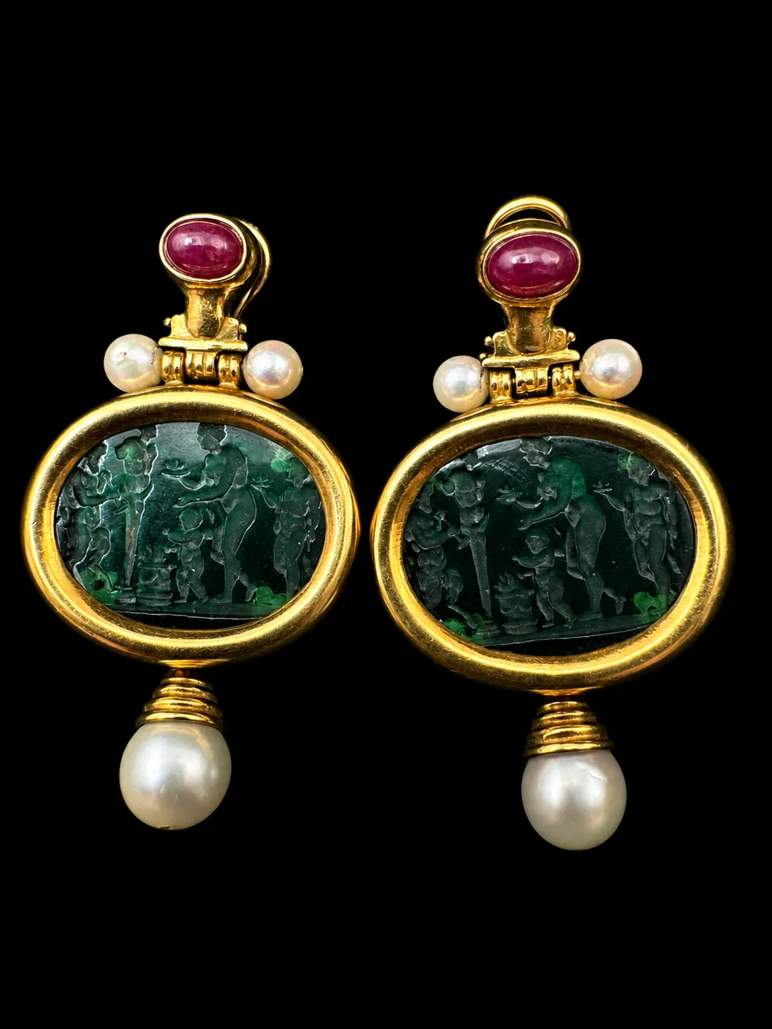 Vintage Italian 18k solid gold Intaglio Earrings with Ruby Cabochon & Pearl Dropsbe