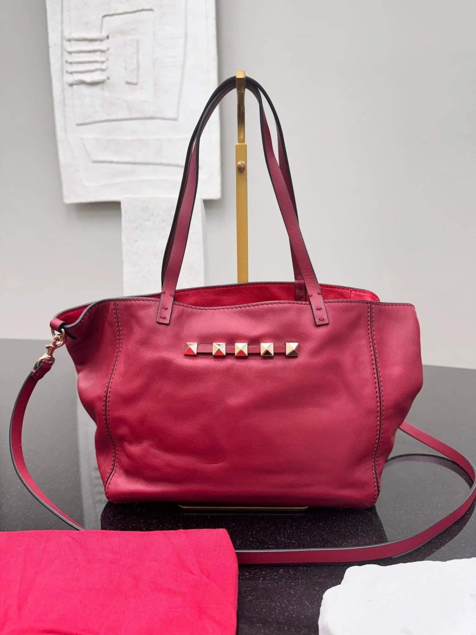 Valentino Burgundy Leather Rockstud Tote 2Way Bag