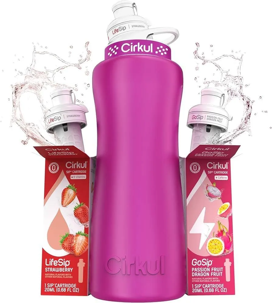 Cirkul 22oz Pink Water Bottle Starter Kit w/ 2 Flavor Cartridges – Sip System