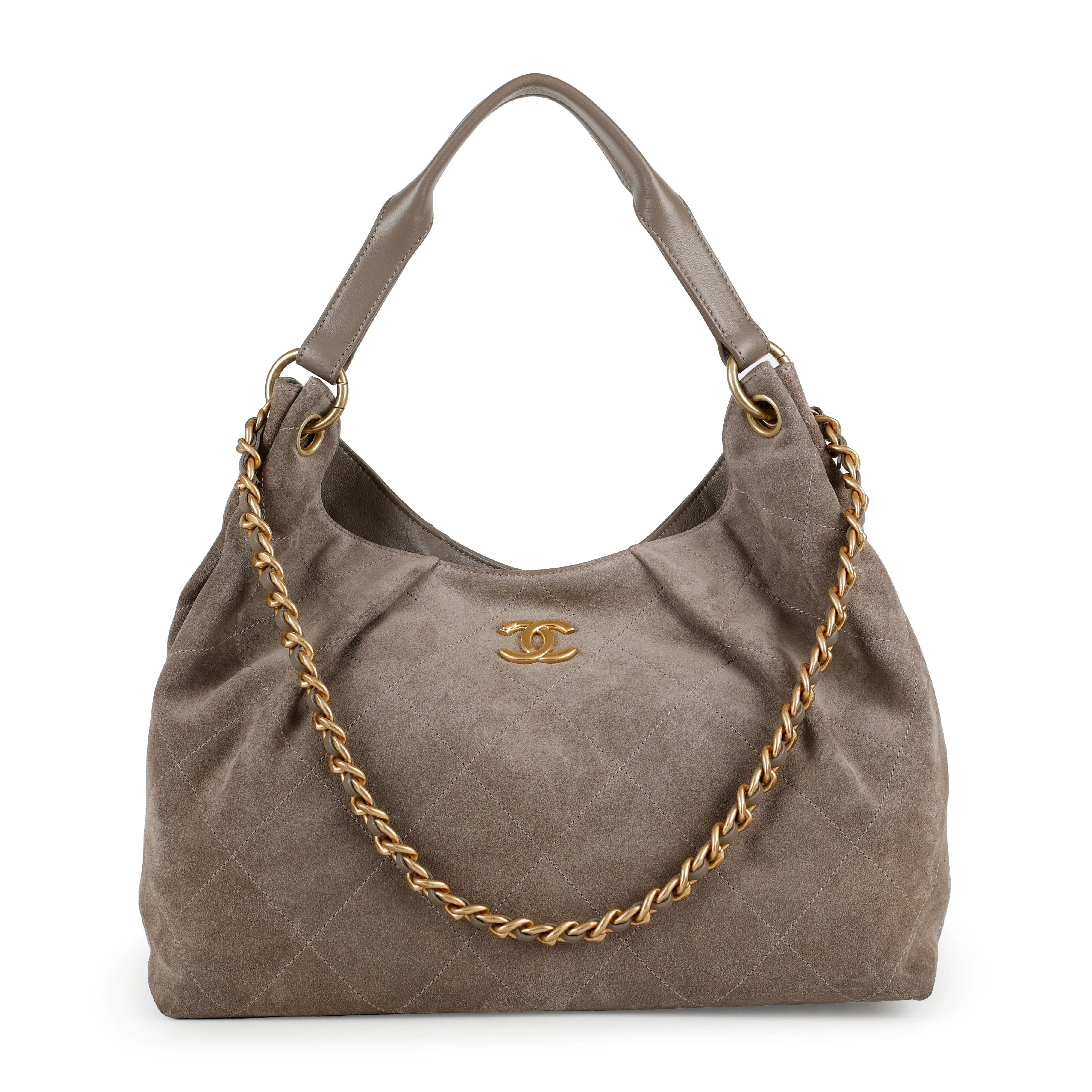26C Large Quilted Hobo Bag, Grey Suede